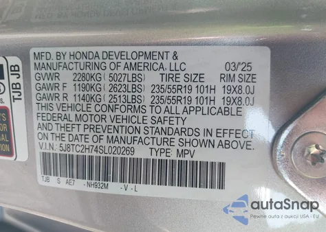 2025 Acura Rdx Advance Package z USA, uszkodzony, nr VIN 5J8TC2H74SL020269